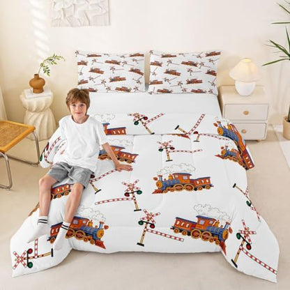 Feelyou Yellow Vintage Train Comforter Set King Size Retro Steam Locomotive Down Bedding Set for Kids Boys Girls Transportation Vehicles Duvet Quilt Bedroom Decor Microfiber 3 Pcs with 2 Pillow Cases