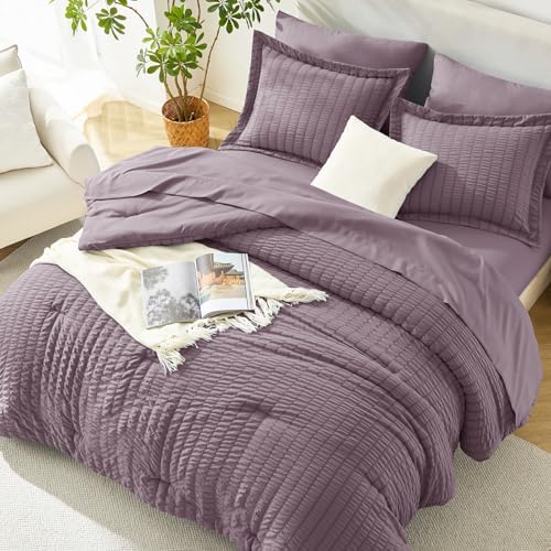 HIMEET Full Comforter Sets, 7-Piece Seersucker Bed in a Bag, Dusty Purple