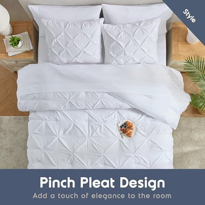 Nestl 9 Piece California King Comforter Set – White Pinch Pleated Bed in a Bag – Complete Cal King Size Bedding Set with Sheets, Set of 2 Cooling Pillows, Pillowcases and Shams
