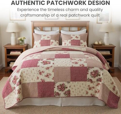 SLPR - Country Roses Red Floral Patchwork Quilt Set, Queen with 2 Shams