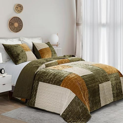 Wonderful 3-Piece Velvet Patchwork Quilt Set, King Striped Channel Stitch Green Quilt,Pet-Friendly,Soft Lightweight Comforter Versatile as Quilt/Bedspread for Adults Teens Kids Bedroom,106"x94"