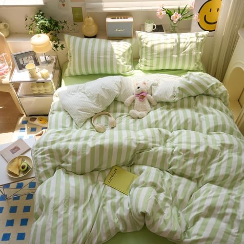 Green Striped Comforter Set Twin XL, 3 Piece Aesthetic Stripes Pattern Printed Comforter with 2 Pilliwcases, Soft Breathable Farmhouse Striped Bedding Comforter Lightweight Twin XL Comforter Set