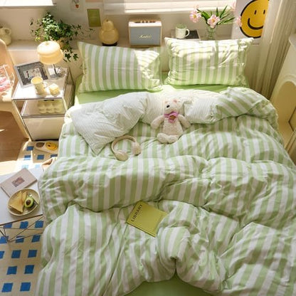 Green Striped Comforter Set King, 3 Piece Aesthetic Stripes Pattern Printed Comforter with 2 Pilliwcases, Soft Breathable Farmhouse Striped Bedding Comforter Lightweight King Size Comforter Set