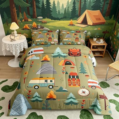 Feelyou Happy Camping Comforter Set for Kids Boys Girls Full Size Travel Bag Tent Print Bedding Set Soft Outdoor Themed Duvet Quilt Travel Trailers Comforter Camping Gifts Duvet Quilt