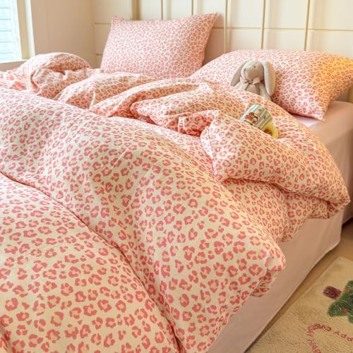 mixinni Pink Leopard Print Duvet Cover Set Queen Size, 3PCs Cute Aesthetic Cheetah Animal Bedding Set, 100% Cotton Double Gauze Soft Retro Cream Leopard Duvet Cover with 2 Pillowcases for Girls Women
