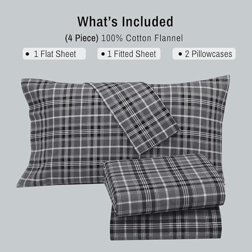RUVANTI 100% Cotton Flannel Sheets Split King Size, Grey Plaid