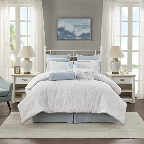 Harbor House Cotton Comforter Set-Coastal Oceanic Sealife Design All Season Down Alternative Bedding with Matching Shams, Bedskirt, Queen(92"x96"), Beach, Quilted Seashell White, 4 Piece
