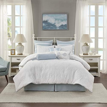 Harbor House Cotton Comforter Set-Coastal Oceanic Sealife Design All Season Down Alternative Bedding with Matching Shams, Bedskirt, Queen(92"x96"), Beach, Quilted Seashell White, 4 Piece
