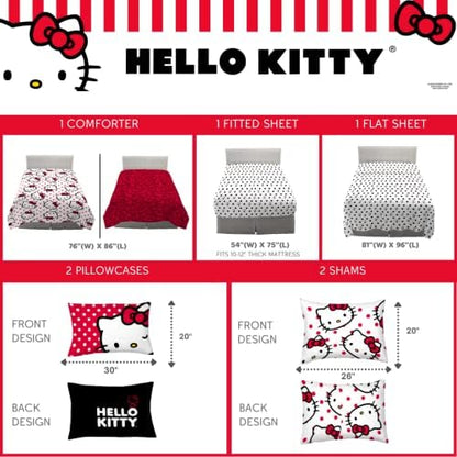Hello Kitty Polka Dot Bedding 7 Piece Super Soft Comforter and Sheet Set with Sham, Full, (Official Licensed Product) by Franco Collectibles