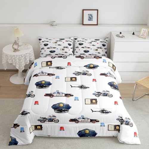 Feelyou Police Car Comforter Set Queen Size Policeman Vehicle Bedding Set for Kids Boys Girls Aircraft Cartoon Car Duvet Quilt Bedroom Decor Microfiber 3 Pcs with 2 Pillow Cases