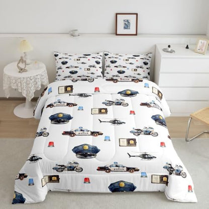 Feelyou Police Car Comforter Set Queen Size Policeman Vehicle Bedding Set for Kids Boys Girls Aircraft Cartoon Car Duvet Quilt Bedroom Decor Microfiber 3 Pcs with 2 Pillow Cases