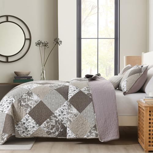 HIARUO Quilt Set King Size 3 Pieces Floral Patchwork Comforter Bedspread Boho Plaid Coverlet Reversible Lightweight Farmhouse Bedding with 2 Pillow Covers Shams for All Season, Brown
