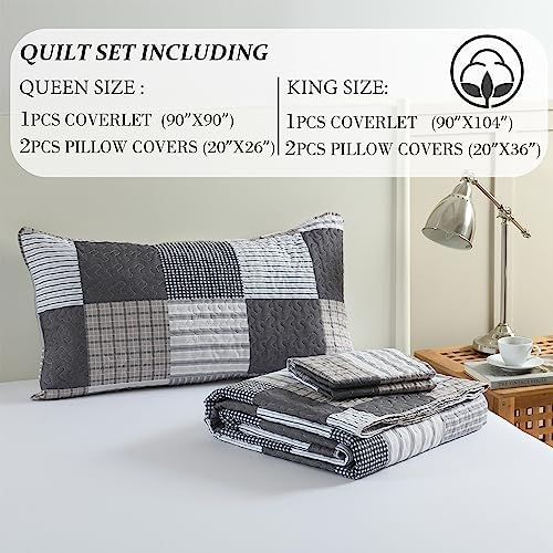 HIARUO Quilt Set King Size, 3 Pieces Bedspread Coverlet Plaid Patchwork Quilt Farmhouse King Size Comforter Set Lightweight Bedding with 2 Pillow Covers Shams for All Season Gray Brown White