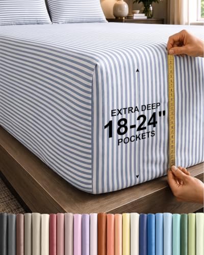 CGK Linens Extra Deep Split King Fitted Sheet Only - Blue Stripes