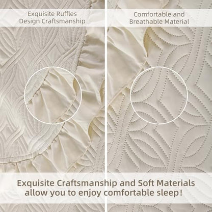 DJY Queen Size Quilt Sets, Beige Soft Bed Summer Quilt, Ruffled Bedding Set