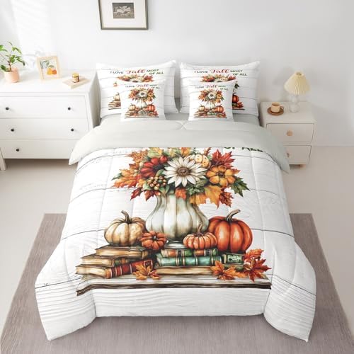 Erosebridal Rustic Farmhouse Bed in A Bag with Sheets for Kids Boys Girls Adults Fall Harvest Pumpkin Print Bedding Set Maple Leaf Book Print Queen Comforter Set 7 Piece Autumn Retro Bed Set
