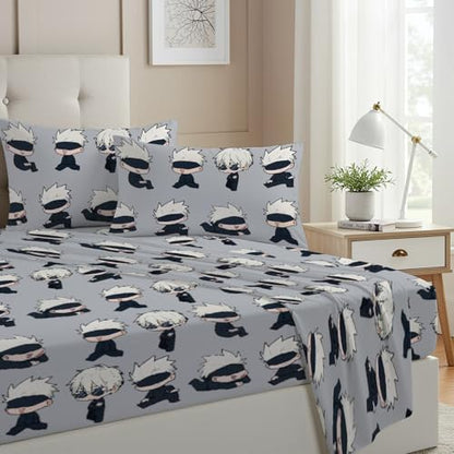 Allenjoy Full Size Sorcerers Fitted Sheet Anime Bed Flat Sheets Bedding Set Deep Pockets Up to 16" Bedroom Decor with 2 Pillowcases SC00230-009