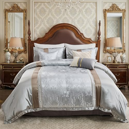Bedduvit Luxurious Silky 7 Piece Queen Comforter Set - Soft Jaquard Floral Patchwork Design Comforters Queen Size, Silver Gray Down Alternative Bedding Set with Bed Skirt, Shams and Decorative Pillows