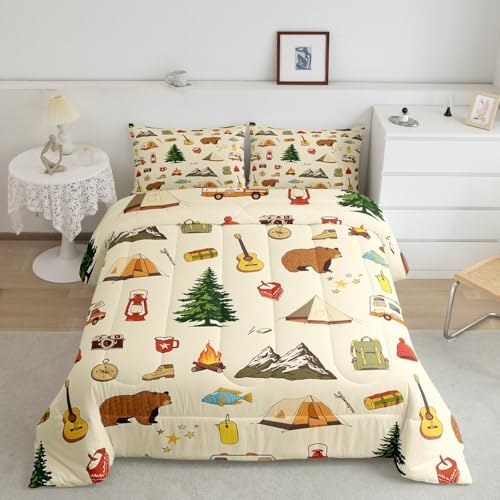 Camping Adventure Comforter Set King Size for Boys Teens Girls Kids Room Decor Cartoon Bear Tent Mountain Tree Quilt Set Outdoor Life Bedding Set 3pcs Traveling Lover Duvet Insert,2 Pillowcases