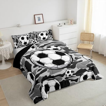 Castle Fairy Football Sports Comforter Set Full Size for Kids Soccer American Ball Games Bedding Sets All Season Grey Camouflage Quilt Set Bedroom Decor Hexagon Geometric Down Comforter,3Pcs