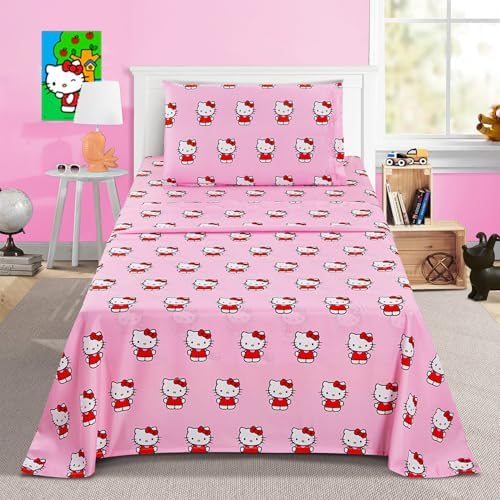 Hello Kitty Sheet Set - Bundle of Bedding with Bedspread, Flat Sheet, Fitted Sheet, and Pillowcase for Twin Bed, More | Bedroom Decor