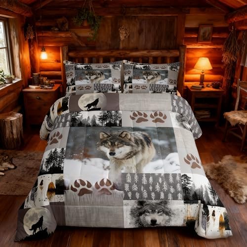 Manfei Wolf Kids Comforter Set Twin Size,Wolf Paws Print Pine Trees Wild Adventure Bedding Set,Boys Girls Adults Room Decor,Geometric Plaids Patchwork Down Comforter,Rustic Duvet Insert,1 Pillowcase