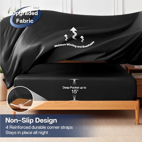 MR&HM King Size Sheet Set 4 Pieces, Rayon Derived from Bamboo Blend, Black