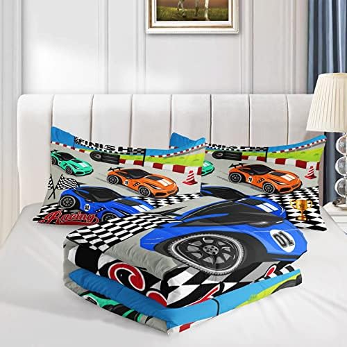 Axolotl Racing Car Bedding Set Twin,Cool Speed Race Car Down Comforter for Kids Boys Girls Teens,Car Theme Quilt with Three Cars Arrive at Finish,1 Comforter and 2 Pillowcases