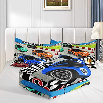 Axolotl Racing Car Bedding Set Twin,Cool Speed Race Car Down Comforter for Kids Boys Girls Teens,Car Theme Quilt with Three Cars Arrive at Finish,1 Comforter and 2 Pillowcases