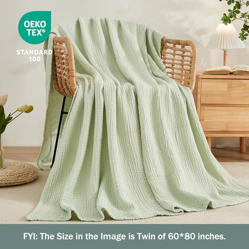 EMME Muslin Blankets for Adults Throw Blanket for Couch Breathable Gauze Soft Lightweight Airy Mint Green Twin XL 66" x 90"