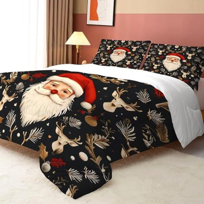 Black Christmas Bedding Set Santa Claus Comforter Full/Queen Size for Kids Girls Women Xmas Reindeer Holiday Bedroom Quilt Bed Sets, 1 Comforter 2 Pillowcases