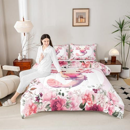 Feelyou Pink Cute Axolotl Comforter Set Queen Size Kids Cartoon Salamander Bedding Set for Boys Girls Flower Floral Pattern Duvet Quilt Kawaii Reptile Animal Ocean Sealife Room Decor