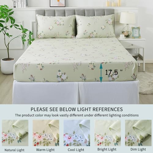 FADFAY Full Sheets Floral Bed Sheets Percale Cotton Shabby Vintage Chic Rose Deep Pocket Sheets Sage Green Flower Printed Luxury Bedding Super Soft Breathable for Full Size Bed 4 Pcs, Full Size