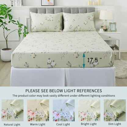 FADFAY Full Sheets Floral Bed Sheets Percale Cotton Shabby Vintage Chic Rose Deep Pocket Sheets Sage Green Flower Printed Luxury Bedding Super Soft Breathable for Full Size Bed 4 Pcs, Full Size