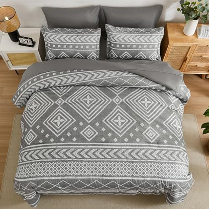 Yiran Boho California King Comforter, Grey Aztec Comforter Bedding Set, 7 Piece Bed in a Bag, Soft Microfiber Bohemian Striped Complete Bedding Set with Sheets for All Season