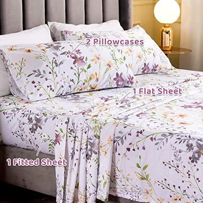 QSH 100% Egyptian Cotton Cal King Sheets, Yellow Flower Plant Pattern Botanical Luxury Cotton Printed Flower California King Bedding Sheets, 4pcs Deep Pocket California King Floral Bed Sheet Set