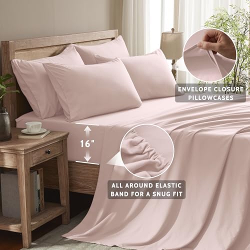 King Size Sheets Set - 6 Piece Luxuriously Soft & Cooling Sheets King Size - Ultra Soft 16" Deep Pocket King Sheet Set - Fitted Sheet & Pillowcase Sets (King Baby Pink)