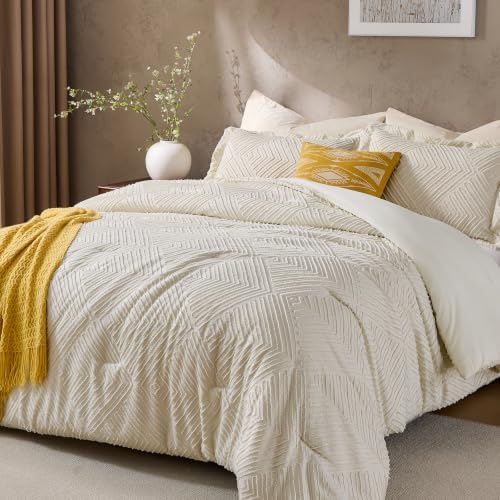 JOLLYVOGUE Queen Comforter Set, Boho Tufted 3-Piece Bedding Set, Beige