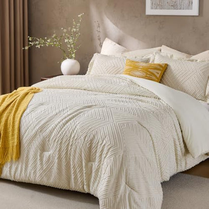 JOLLYVOGUE King Size Comforter Set, Boho Tufted 3-Piece Bedding Set, Beige