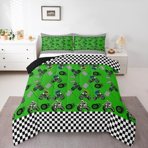 Feelyou Dirt Bike Comforter Set All Season Racing Motocross Rider Bedding Set with 2 Pillow Cases Motorbike Kids Queen Bedclothes Extreme Sports Decor Motorcycle Duvet Quilt Soft Lightweight