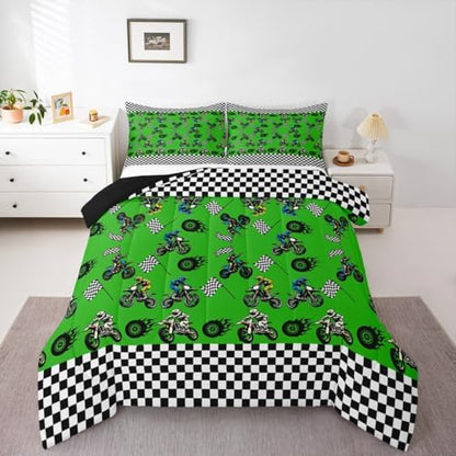 Feelyou Dirt Bike Comforter Set All Season Racing Motocross Rider Bedding Set with 2 Pillow Cases Motorbike Kids Queen Bedclothes Extreme Sports Decor Motorcycle Duvet Quilt Soft Lightweight