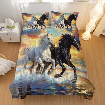 Nttopship Horse Comforter Set Queen Size 3 Pcs,Horses Animal 3 Pcs Bedding for Adults, Horse Theme Bedding Set,3D Wild Animal Room Decor with 2 Pillowcases
