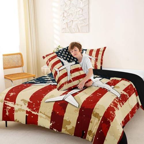 Erosebridal American Flag Airplane Bedding Set Full Military Airplane Comforter Set for Kids Boys Girls Vintage Patriotic Down Comforter Fighter Plane Quilt Duvet