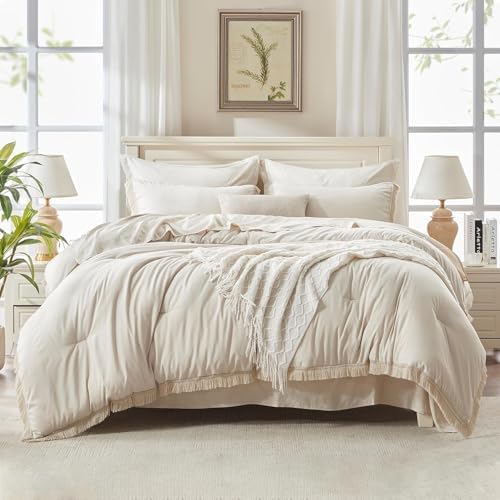 Andency Oversized King Comforter Set, 7 Pieces Beige Bedding