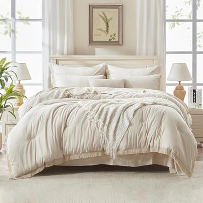 Andency Oversized King Comforter Set, 7 Pieces Beige Bedding