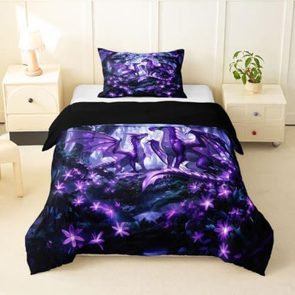 Feelyou Dragon Bedding Set Soft for Boys Girls, Magical Beast Comforter Set Twin Size Jungle Duvet Quilt Microfiber Wild Animal Bedroom Decor Fantasy Animal 2 Pcs with 1 Pillow Cases
