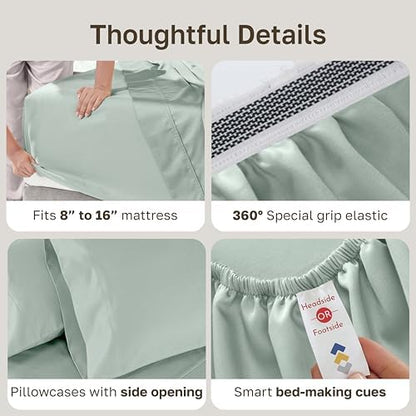California Design Den 800 Thread Count Cotton Sheets Queen, Soft Celadon