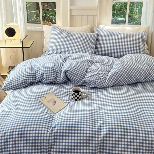 LifeTB Blue Gingham Comforter Set California King 3 Pieces Modern Plaid Checkered Comforter Set Blue Grid Comforter with 2 Pillowcases Soft Fluffy Grid Farmhouse Gingham Bedding Set for All Seasons