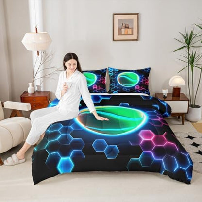 Erosebridal Tennis Kids Bedding | 3D Glitter Ball Pattern Full Comforter Sets,Colorful Neon Honeycomb Comforter Geometric Hexagon Duvet Insert with 2 Pillow Cases