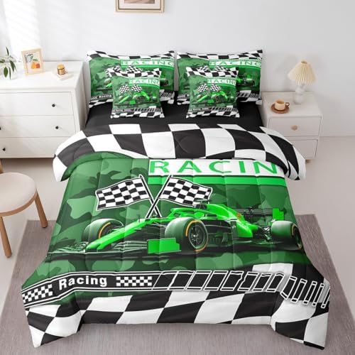 Boys Racing Game Comforter Set Bed in a Bag 7 Pieces Full,3D Race Car Camouflage Print Bedding Set,Extreme Sports Gamer (Comforter+Fitted+Flat Sheet+2 Pillowcases+2 Throw Pillow Covers)